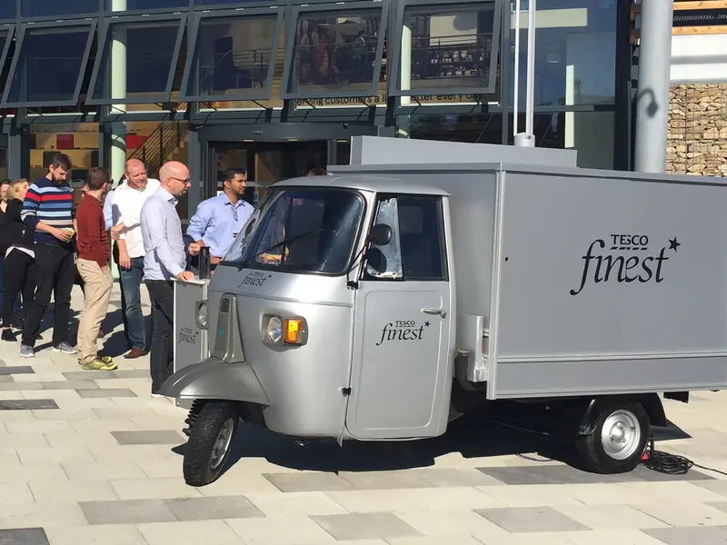 A Tesco Finest-branded Piaggio Ape mobile retail unit