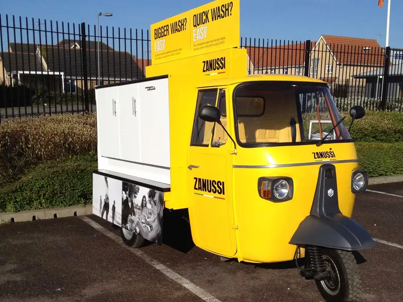 A Zanussi-branded Piaggio Ape promotional unit